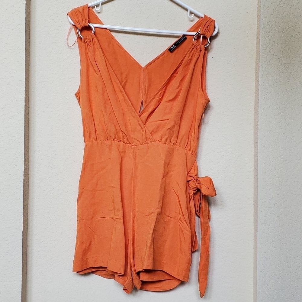 Zara Orange Wrap Romper. Size M